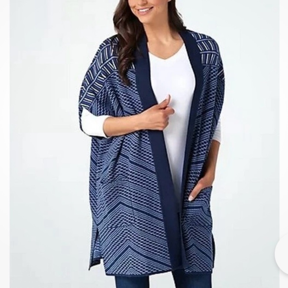 Isaac Mizrahi Blue Geometric Jacquard Ruana Kimono Cardigan Sweater Size XS/S
